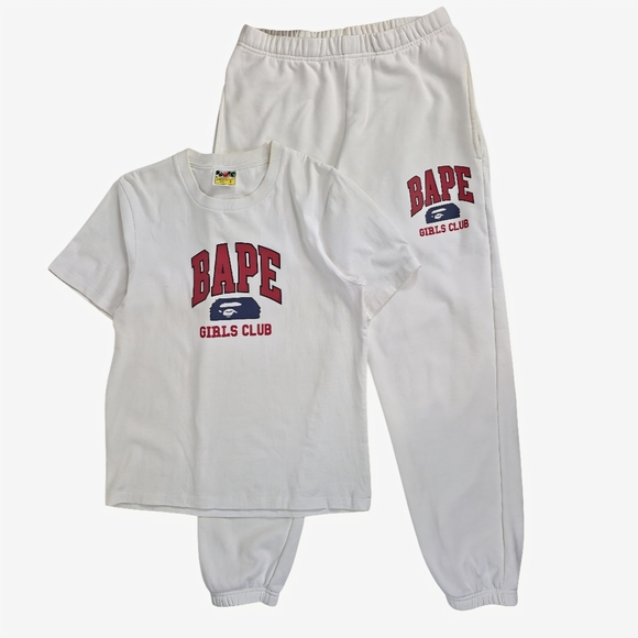 BAPE A Bathing Ape Girls Club Sweatpants XS & T-Shirt S Set White Red/Navy Logo - Picture 1 of 16